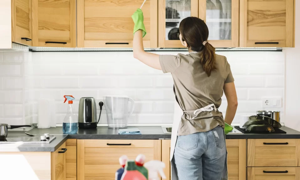 Mulher usando espanador para limpeza da casa