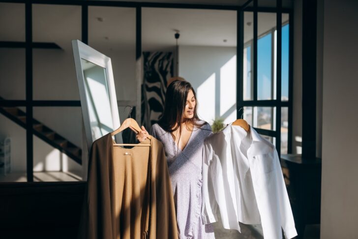 Mulher com duas peças de roupa passada nas mãos