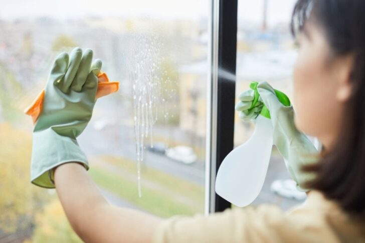 Uma mulher limpando uma janela de vidro, aplicando um produto sobre o vidro e passando um pano na superfície úmida.