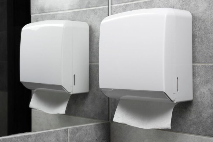 Um dispenser de papel toalha de rolo, colocado em um ambiente interno, em frente a um espelho.