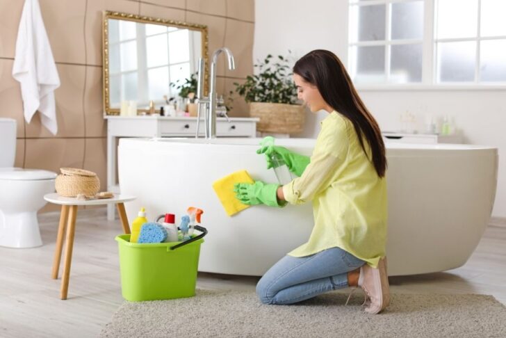 mulher ajoelhada limpando a banheira com esponja e borrifador; usa luvas verdes. Balde com produtos ao lado; banheiro claro com espelho, bancada e vaso ao fundo.