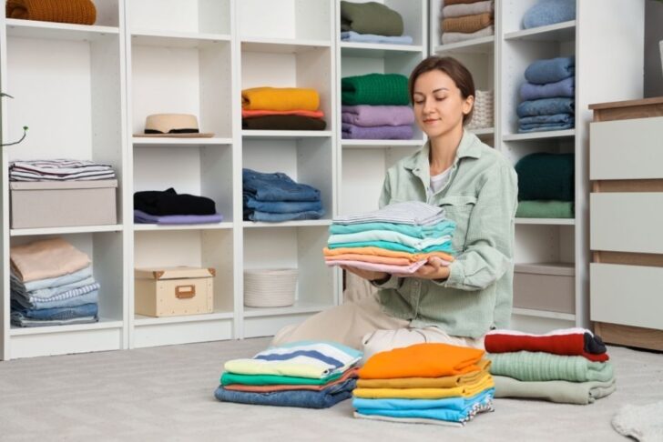 mulher sentada no chão dobrando roupas coloridas; ao fundo, armário aberto com prateleiras organizadas, pilhas de tricôs e caixas.