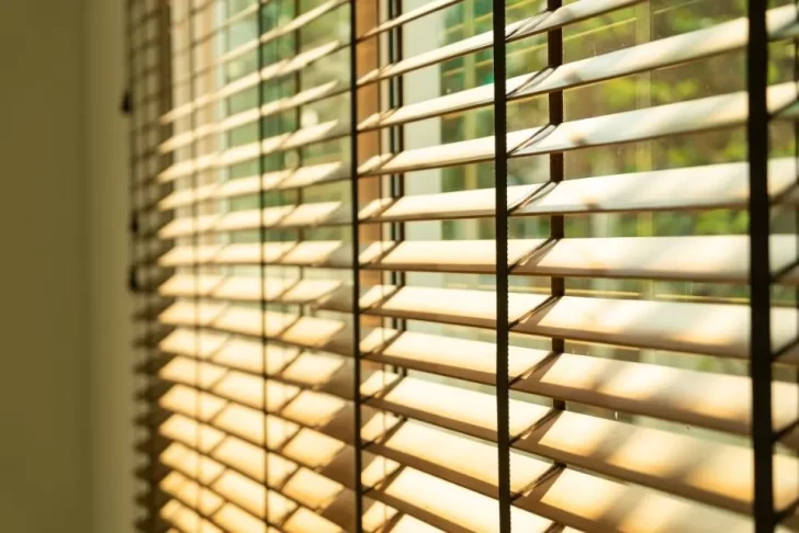 persiana horizontal de lâminas de madeira semiaberta, com luz do sol atravessando e fundo verde desfocado.