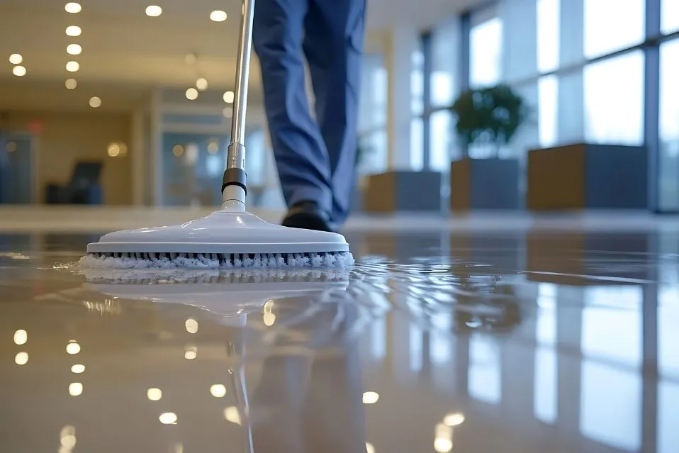 Profissional realizando a limpeza de piso porcelanato com máquina polidora em ambiente corporativo iluminado.
