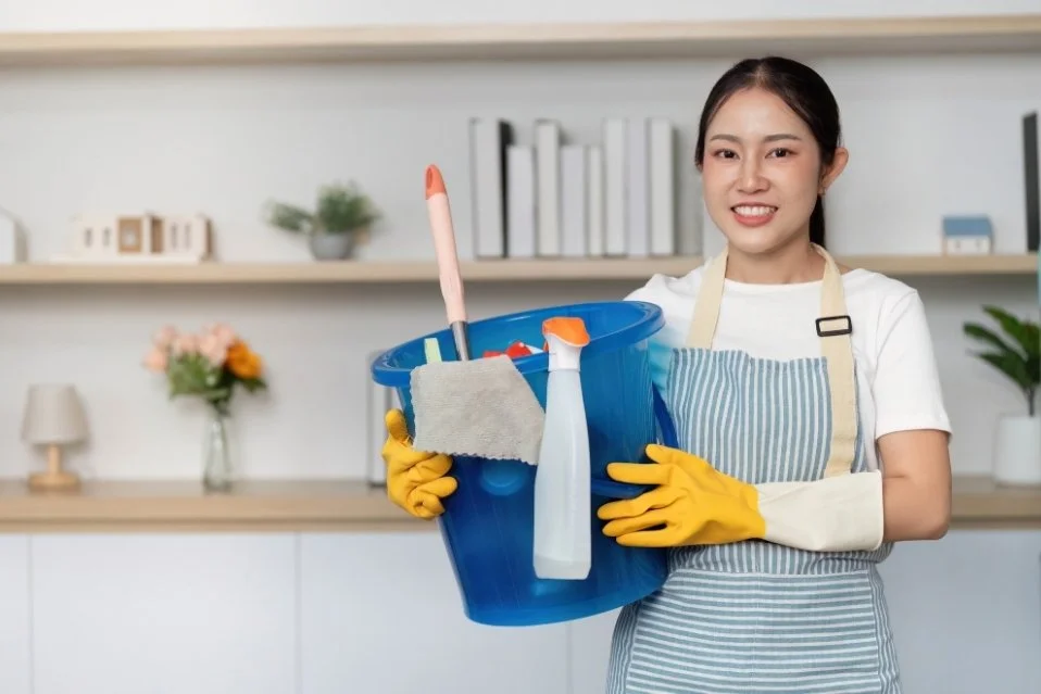 Mulher sorridente usando avental e luvas de limpeza, segurando um balde azul cheio de produtos e utensílios de limpeza dentro de uma casa organizada.